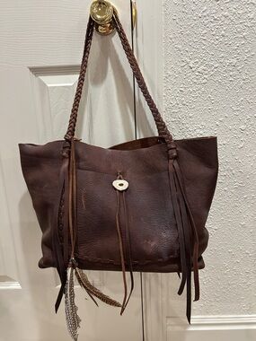 Genuine Brown Leather Fringe Tote Bag